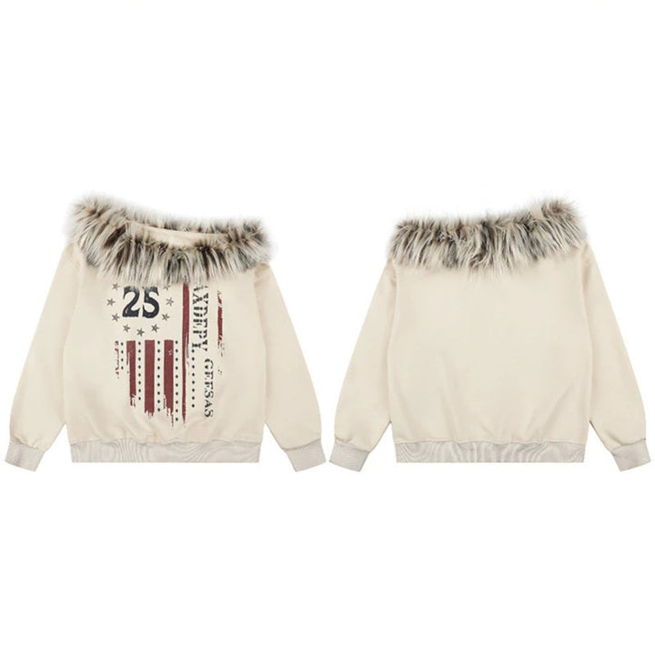 Women's hooded sweatshirt with removable faux fur collar and vintage print Amarae