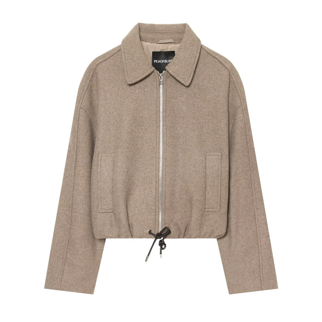 Women's short wool blend jacket with front zipper and drawstring hem Amarae