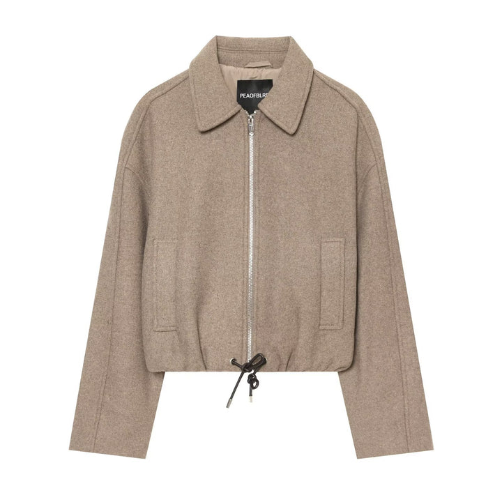 Women's short wool blend jacket with front zipper and drawstring hem Amarae
