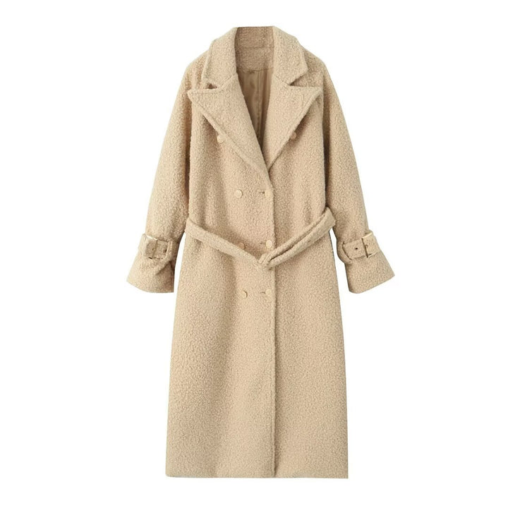 Women Long Teddy Coat in Trench Style with Double-Breasted Button Placket, Tied Belt, and Adjustable Cuffs Amarae
