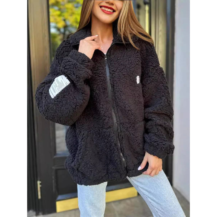Ladies Plush Fleece Jacket with High Collar and Practical Pockets Lune London