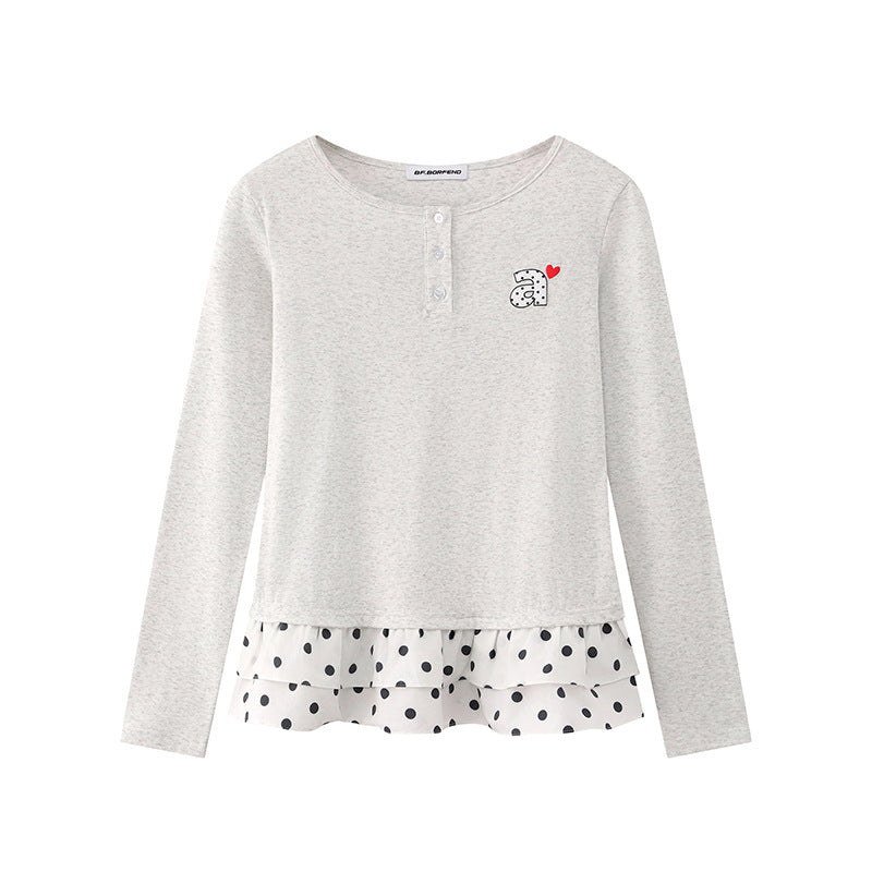 Women's Long Sleeve Henley Layering Top with Ruffle Underlay and Heart Patch Amarae