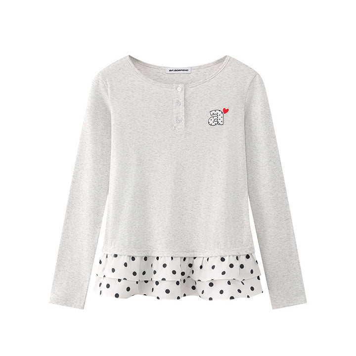 Women's Long Sleeve Henley Layering Top with Ruffle Underlay and Heart Patch Amarae