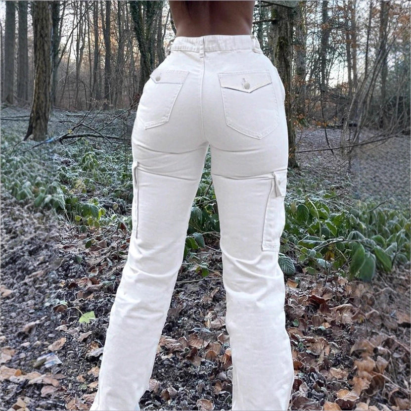 Women’s high-waisted cargo jeans with flared hem and functional flap pockets Amarae