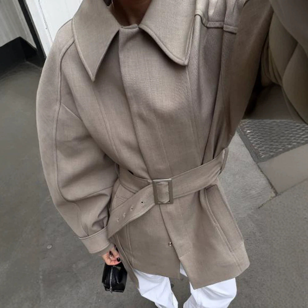 Women's Short Trench Coat with Waist Belt, Dropped Shoulder and Voluminous Balloon Sleeves Amarae