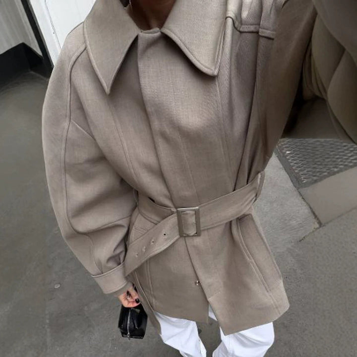 Women's Short Trench Coat with Waist Belt, Dropped Shoulder and Voluminous Balloon Sleeves Amarae