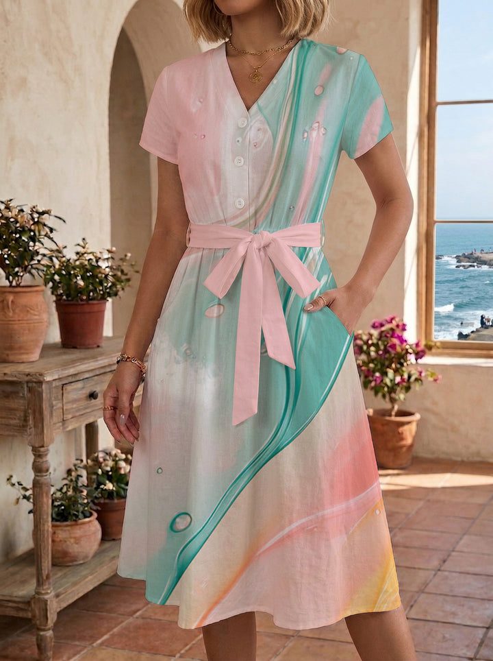 Women's Blooming Midi Dress with Adjustable Belt and Artistic Print Lune London