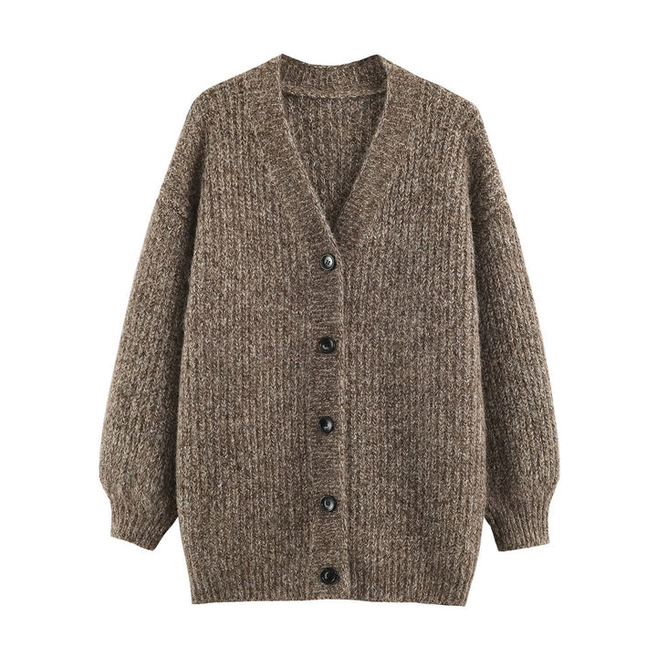 Women Oversized Chunky Knit Cardigan with Deep V-Neck, Ribbed Texture and Balloon Sleeves Amarae