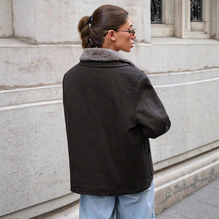 Casual transition jacket for women with faux fur collar and convenient pockets Lune London