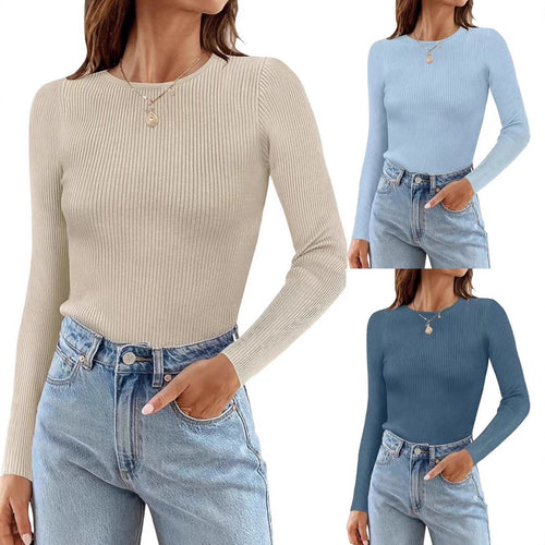 Woman Long Sleeve Ribbed Top with Classic Round Neck and Fitted Cut Amarae