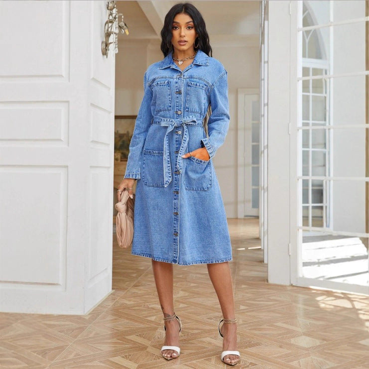 Ladies' midi dress made of denim with a waist belt and continuous button placket Amarae