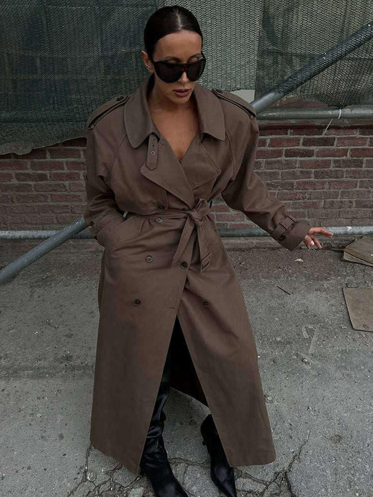 Women's Maxi Length Trench Coat with Emphasized Shoulder Section, Double Button Placket and Tie Belt Amarae