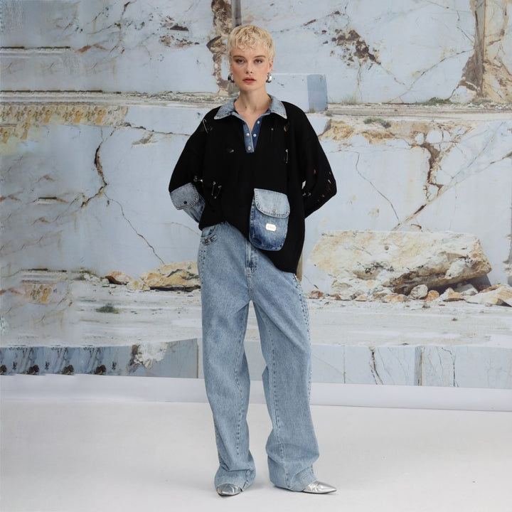 Ladies Urban Oversized Sweater with Chic Denim Details and Style