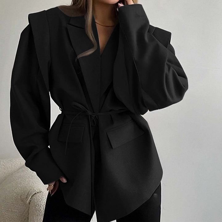 Ladies Tailored Wrap Blazer with Shoulder Pads and Tying Belt Amarae