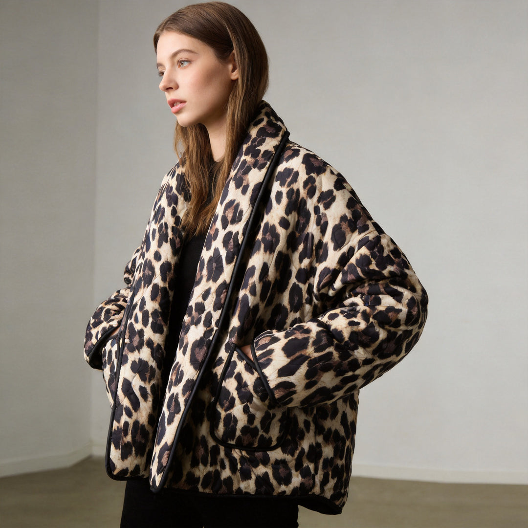 Women’s oversized quilted puffer jacket with leopard pattern and wide shawl collar Amarae