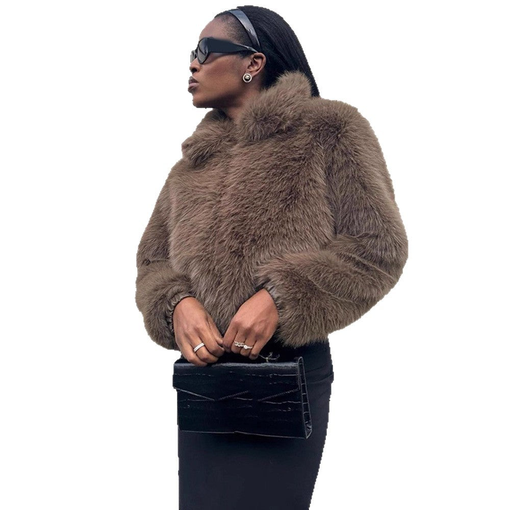 Women Short Boxy Faux Fur Blouson with Voluminous Shawl Collar and Lined Interior Amarae