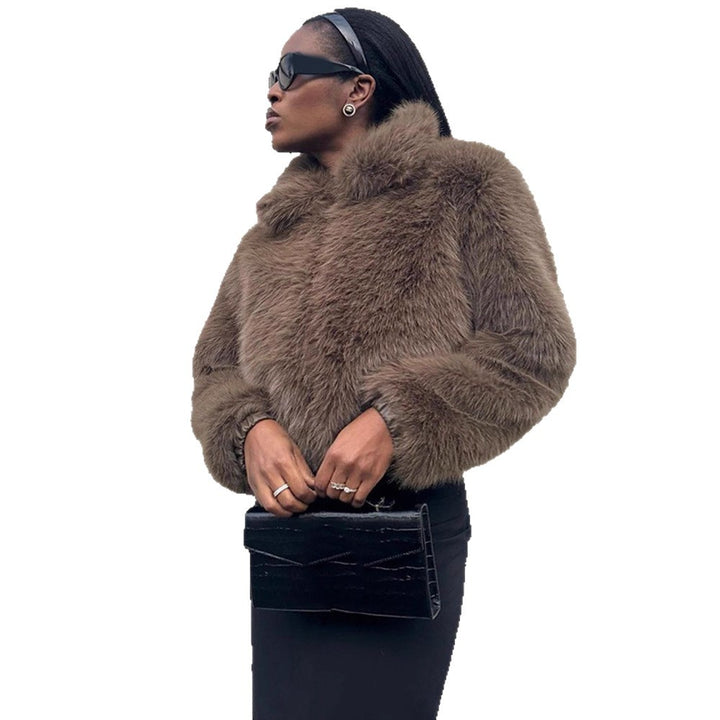 Women Short Boxy Faux Fur Blouson with Voluminous Shawl Collar and Lined Interior Amarae