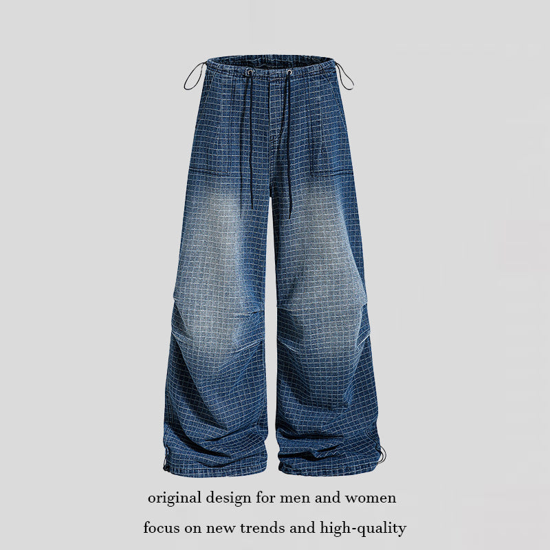 Women's Loose High-Waist Culotte Jeans with Drawstring, Check Pattern and Adjustable Hem Amarae