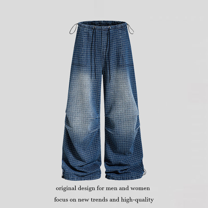 Women's Loose High-Waist Culotte Jeans with Drawstring, Check Pattern and Adjustable Hem Amarae