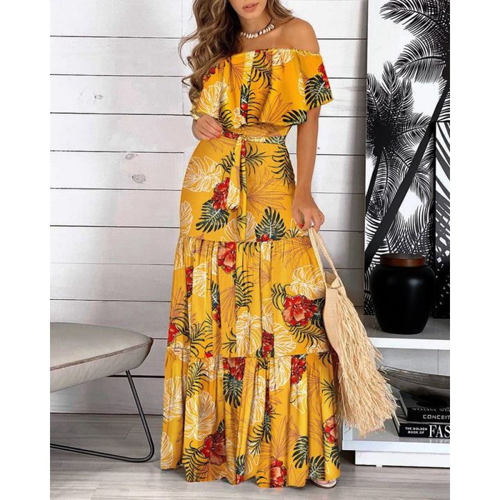 Off-shoulder maxi dress for women with flared hem Lune London