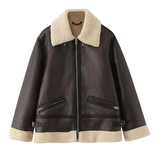 Faux leather jacket for women with warm Sherpa lining and practical zip pockets Amarae