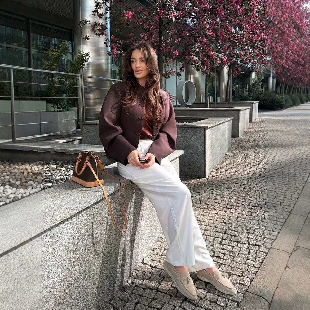 Women Short-cut Boxy Blazer with Stand Collar and Chinese Knot Buttons Amarae