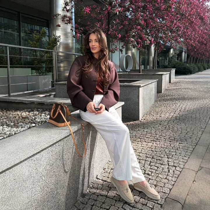 Women Short-cut Boxy Blazer with Stand Collar and Chinese Knot Buttons Amarae
