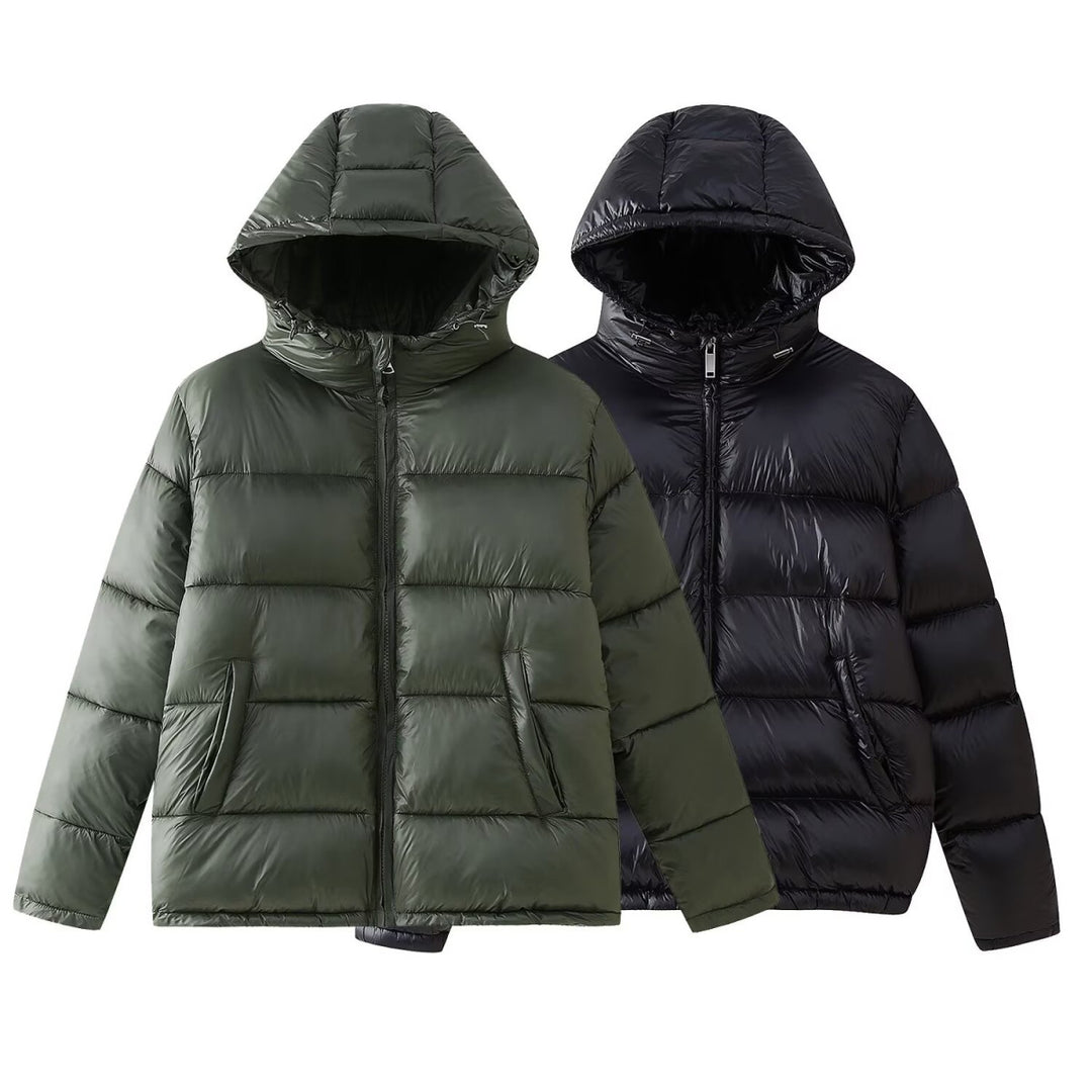 Ladies quilted winter down jacket with hood and practical entry pockets Lune London