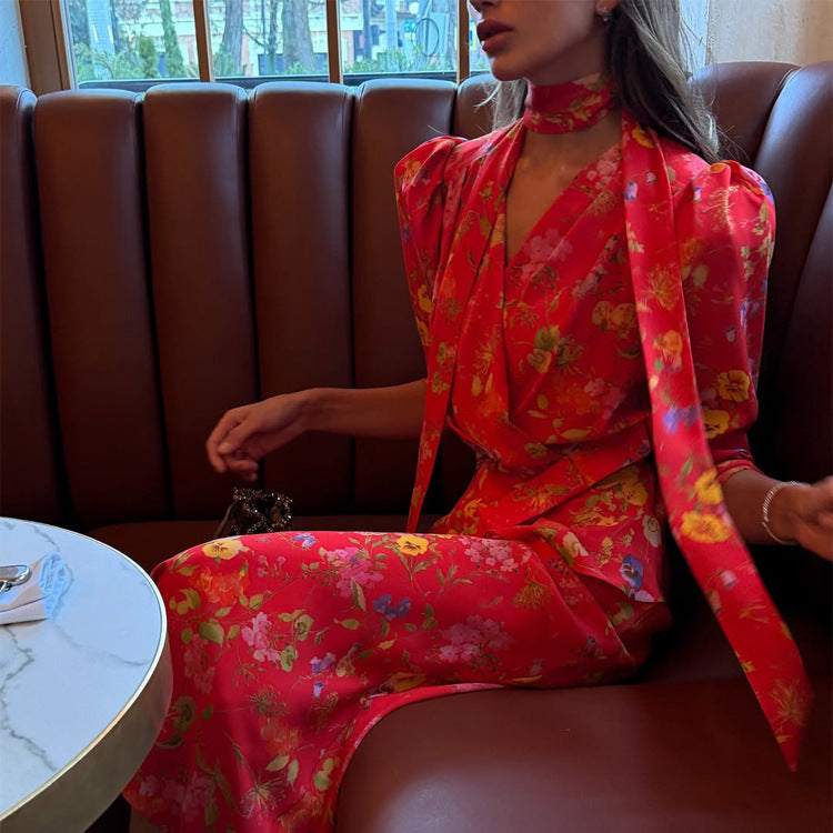Women's Wrap Maxi Dress with Floral Print, Puff Sleeves and Shawl Collar Amarae