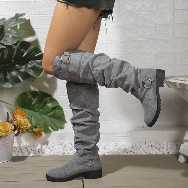 Ladies Over-The-Knee Boots Made Of Soft Suede with Decorative Buckle Detail Lune London