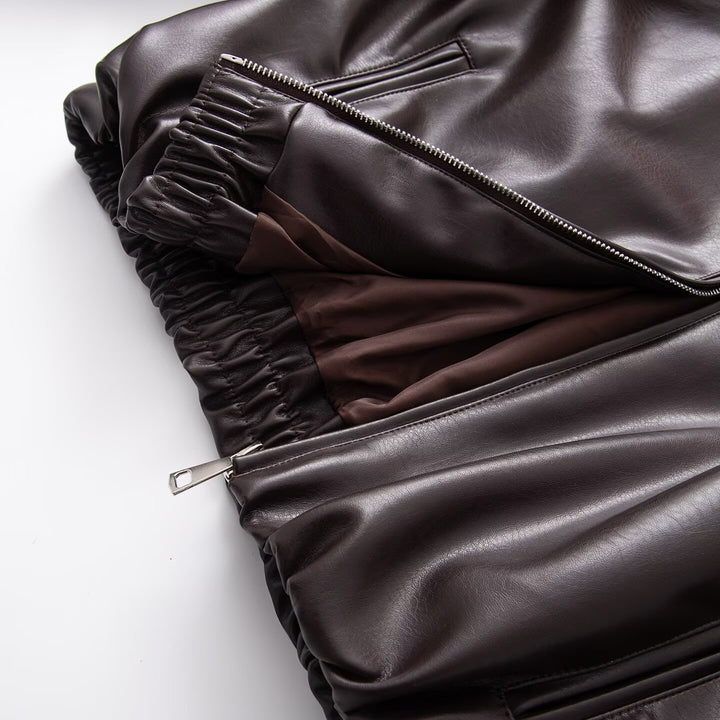 Women's Oversized Faux Leather Blouson Jacket with Collar, Zipper and Elastic Hem Amarae