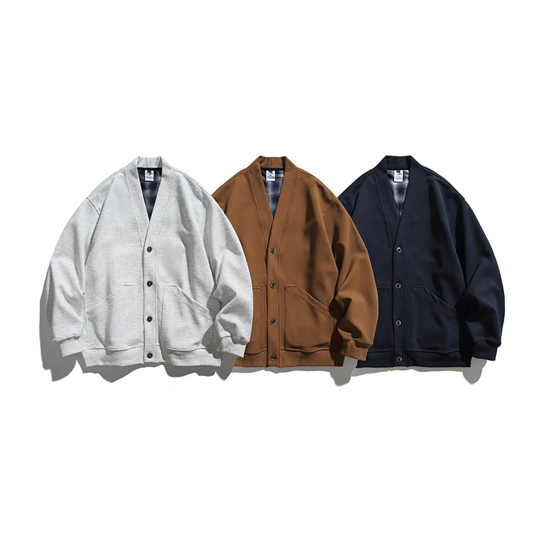 Unisex Boxy-Cardigan Jacket with V-neck, patch pockets and checked lined interior Amarae