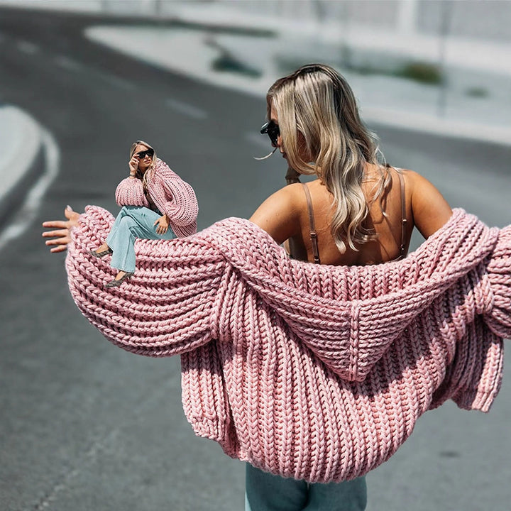 Women Oversize Chunky Knit Cardigan with Large Hood & Voluminous Sleeves Amarae