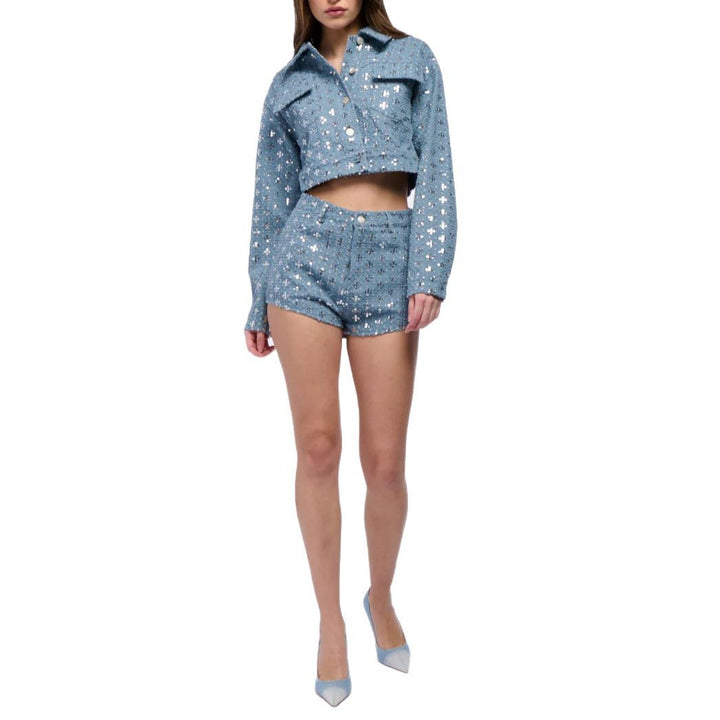 Cropped denim jacket for women with sparkling star pattern and matching shorts Lune London