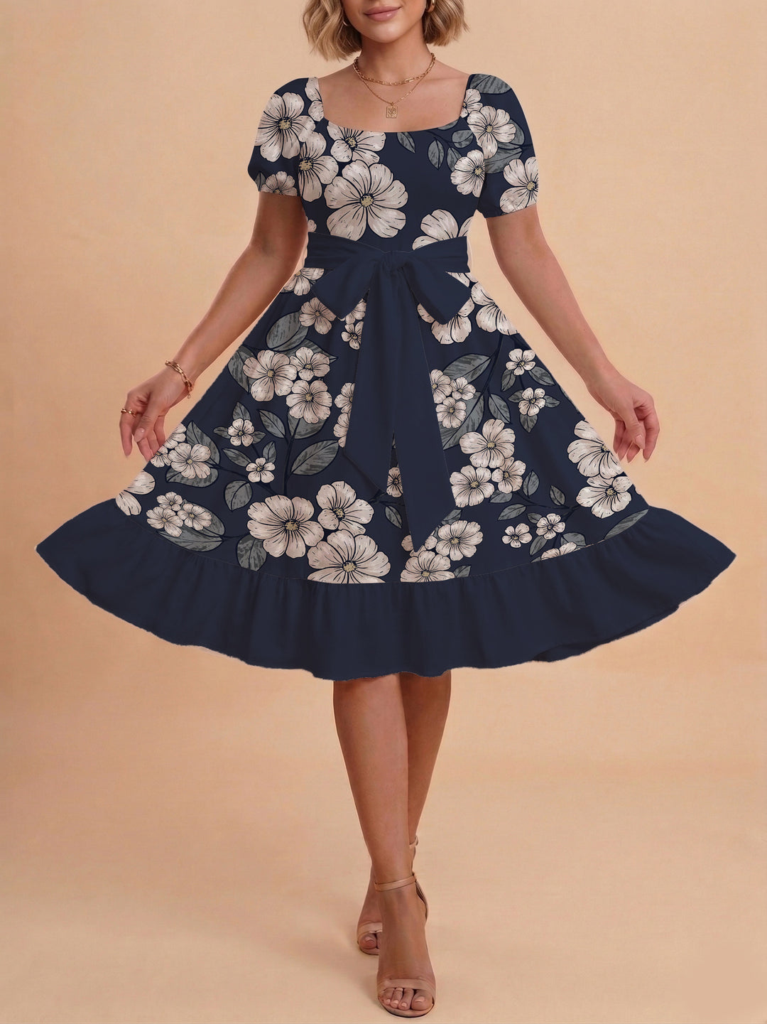 Women's Midi Dress with Elegant Floral Print and Fitted Belt Lune London