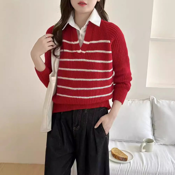 Knit sweater for women with V-neck and striped design Lune London