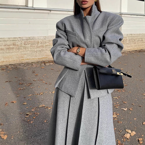 Ladies elegant oversized coat with high collar and structured sleeves Amarae