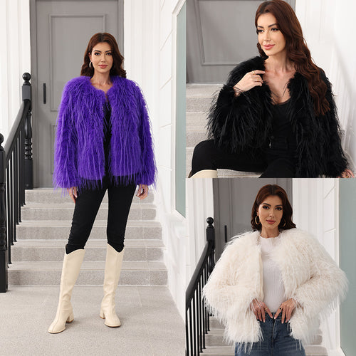 Ladies Short Soft Faux Fur Jacket with Flared Sleeves Amarae