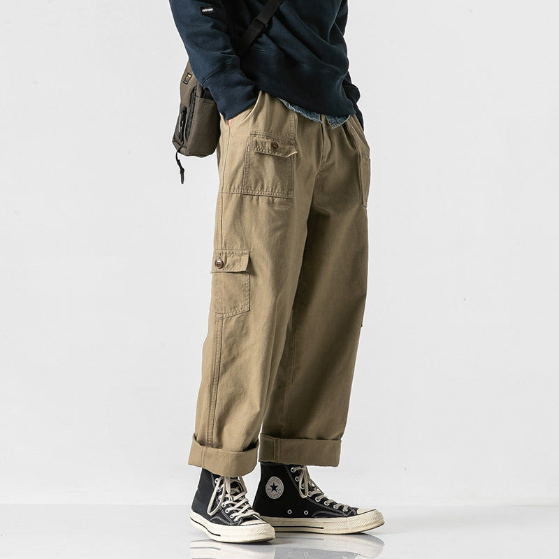 Men's loose cotton cargo pants in baggy cut with multifunctional pockets and rolled hem Amarae