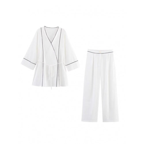 Wide-leg high-waisted women's trousers with elegant belt ornament Amarae