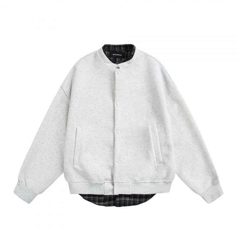 Men's Oversized College-Style Sweat Jacket with Concealed Snap Button Placket and Checked Lining Amarae