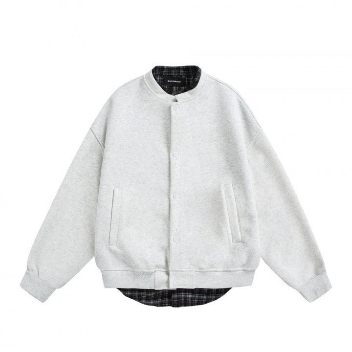 Men's Oversized College-Style Sweat Jacket with Concealed Snap Button Placket and Checked Lining Amarae