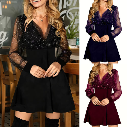 Ladies Elegant Short Sleeve Dress with Transparent Sleeves and Sparkling Detail Amarae