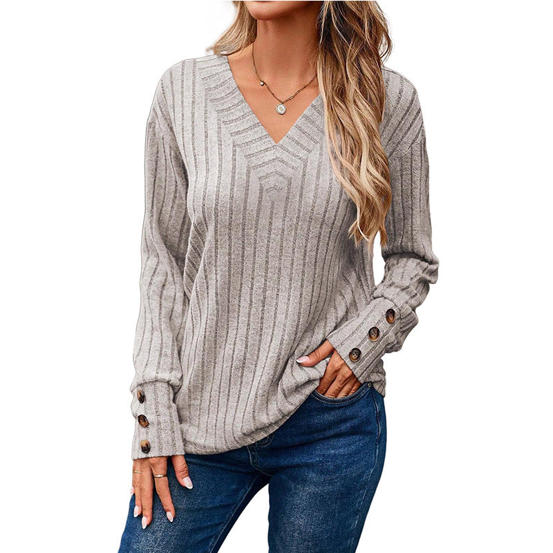 Women's Ribbed V-Neck Knit Sweater with Button Cuffs Amarae