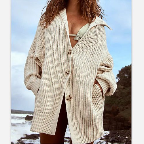 Chunky knit jacket for women with wide sleeves and a hood Amarae