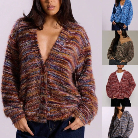 Women's Fluffy Chunky Knit Cardigan with V-Neck Amarae