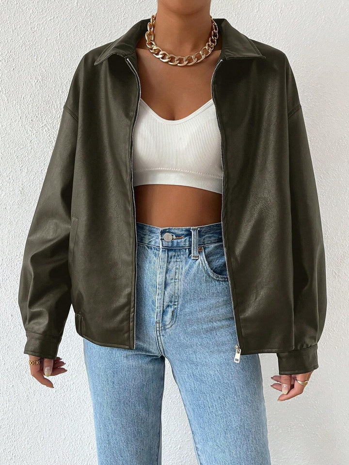 Trendy faux leather jacket for women with modern design featuring a casual zipper Lune London