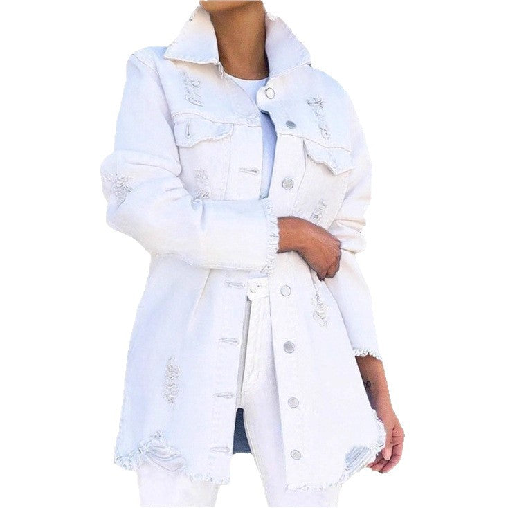 Ladies Longline Denim Jacket with Destroyed Details and Fringed Hem Amarae