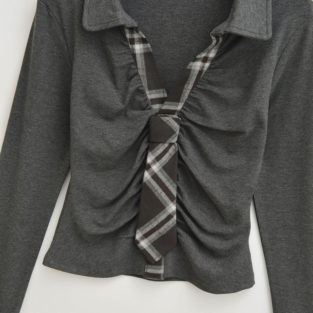 Long sleeve t-shirt for women with an elegant draped design and a tie-shaped neckline Lune London
