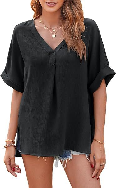 Ladies Light V-neck Top with Roll-up Sleeves Lune London